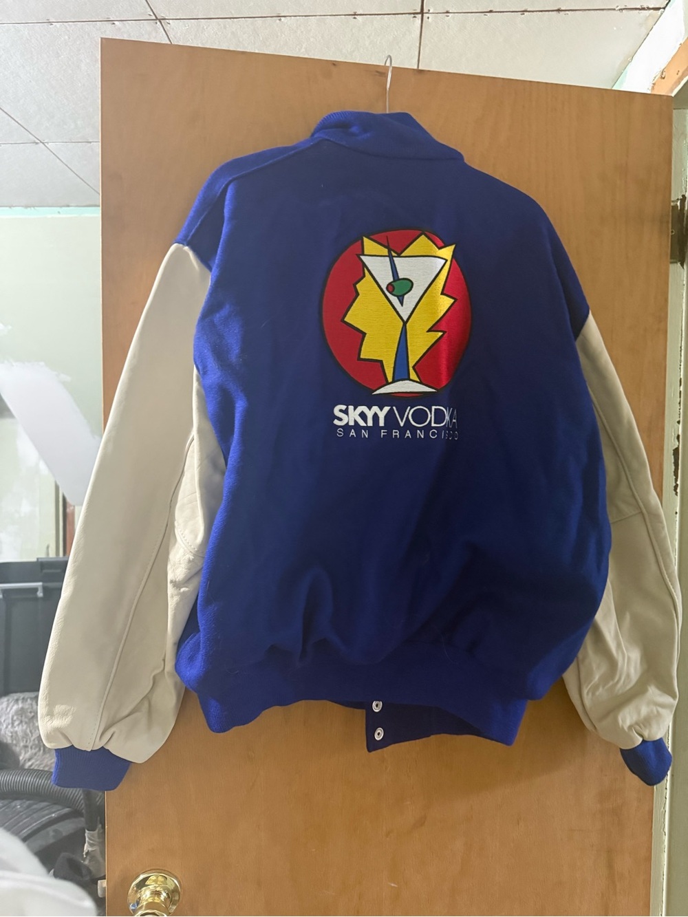 Skyy Vodka San Francisco Logo Varsity Jacket in Royal Blue and Cream
